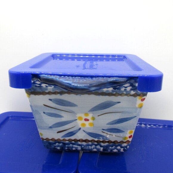 Temptations Old World Ramekins Bakeware Blue Leaf Set of 4 with Lids 4" x 3" - Picture 4 of 6